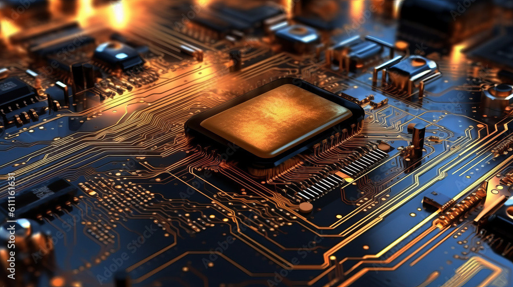 Poster a close-up view of a printed circuit board computer chip. generative ai