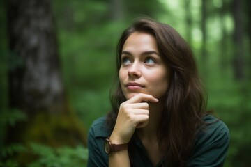 Naklejka premium Photography in the style of pensive portraiture of a grinning girl in her 30s putting the hand on the chin as if thinking against a forest green background. With generative AI technology