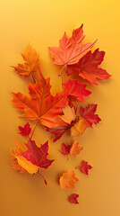 Naklejka na ściany i meble Flying fall maple leaves on autumn background. Falling leaves, seasonal banner with autumn leaf fall Generative AI