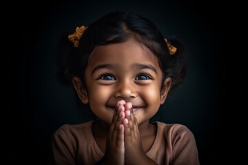 Medium shot portrait photography of a happy kid female joining palms in a gesture of gratitude against a dark grey background. With generative AI technology