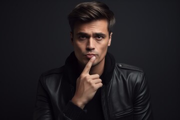 Medium shot portrait photography of a glad boy in his 30s making a shhh gesture with a finger on the lips against a dark grey background. With generative AI technology