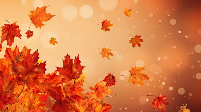 Flying fall maple leaves on autumn white background. Falling leaves, seasonal banner with autumn leaf fall Generative AI