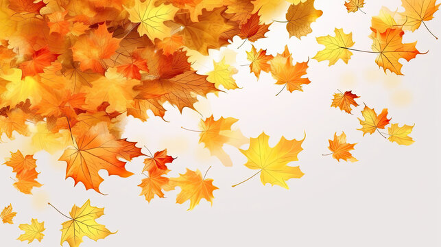 Flying fall maple leaves on autumn white background. Falling leaves, seasonal banner with autumn leaf fall Generative AI