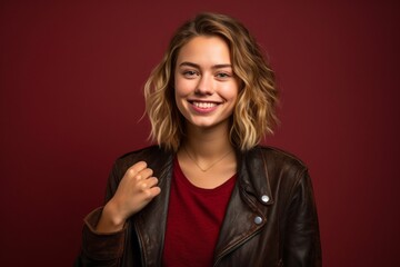 Fototapeta premium Headshot portrait photography of a glad girl in her 20s raising both thumbs up against a burgundy red background. With generative AI technology