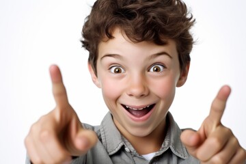 Close-up portrait photography of a glad boy in his 30s making an ok gesture with the fingers against a pearl white background. With generative AI technology