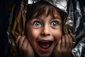 Close-up portrait photography of a happy kid male covering one's mouth against a metallic silver background. With generative AI technology