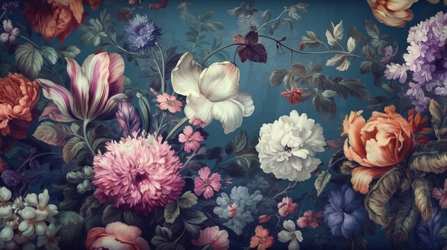 A colorful bouquet of flowers painted on a textured wall. Generative ai