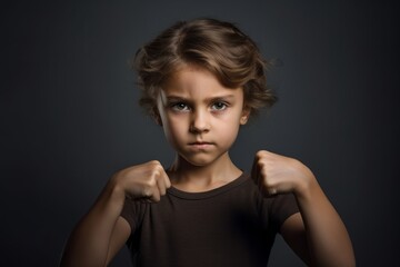 Fototapeta na wymiar Headshot portrait photography of a glad kid female making a i'm strong gesture showing muscles against a cool gray background. With generative AI technology
