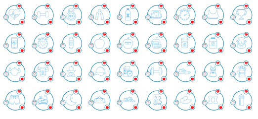 set of gym vector icons with white background and blue lines