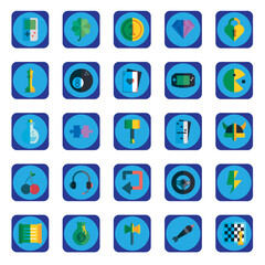 set of vector video game icons with with blue background
