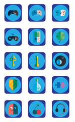 set of vector video game icons with with blue background