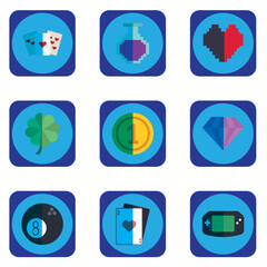 set of vector video game icons with with blue background