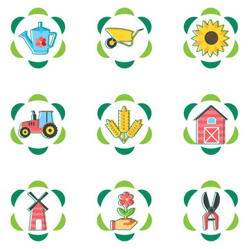set of agriculture vector icons with green border