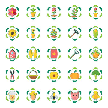 set of farm vector icons with green lines and white background