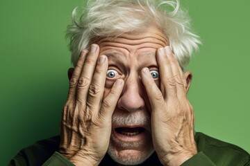 Close-up portrait photography of a glad mature man putting hands on the face in a gesture of terror against a pistachio green background. With generative AI technology
