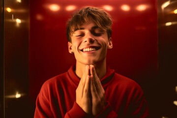 Medium shot portrait photography of a grinning boy in his 20s putting hands together as if praying against a ruby red background. With generative AI technology