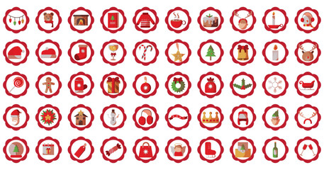 vector icon set of christmas with red border