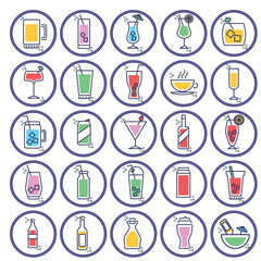 vector icon set of cups and glasses with liquid inside