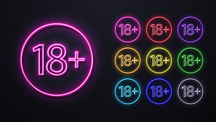 A set of 18 neon icons in a bright glowing circle. Logo for a sex shop. A forbidding sign for minors.