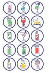 vector icon set of cups and glasses with liquid inside