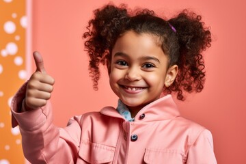 Close-up portrait photography of a grinning kid female showing a thumb up against a coral pink background. With generative AI technology