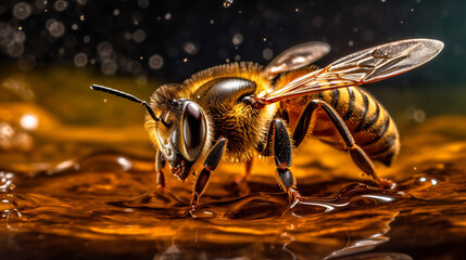 A bee on the ground in macro view. Generative ai