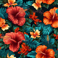 Seamless pattern with hibiscus flowers on vivid colors background. Awesome hibiscus background. Tropical floral pattern with hibiscus flowers. Realistic 3D illustration. Generative AI