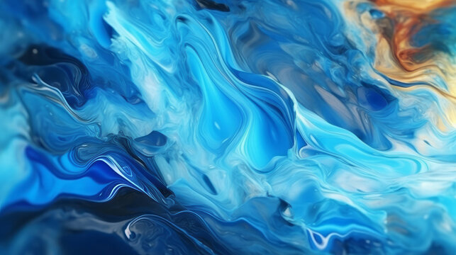 Close-Up View of Vibrant Blue and Yellow Fluid Paint Mixing Together. Generative ai