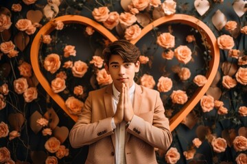 Headshot portrait photography of a glad boy in his 20s making a heart with the hands against a rose gold background. With generative AI technology