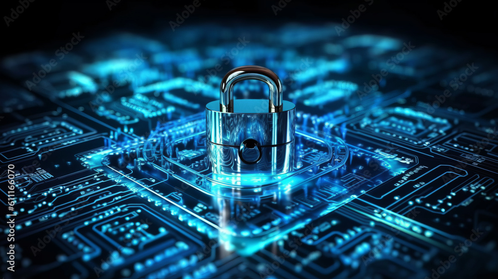 Poster A padlock icon on a computer circuit board symbolizing digital security. Generative ai