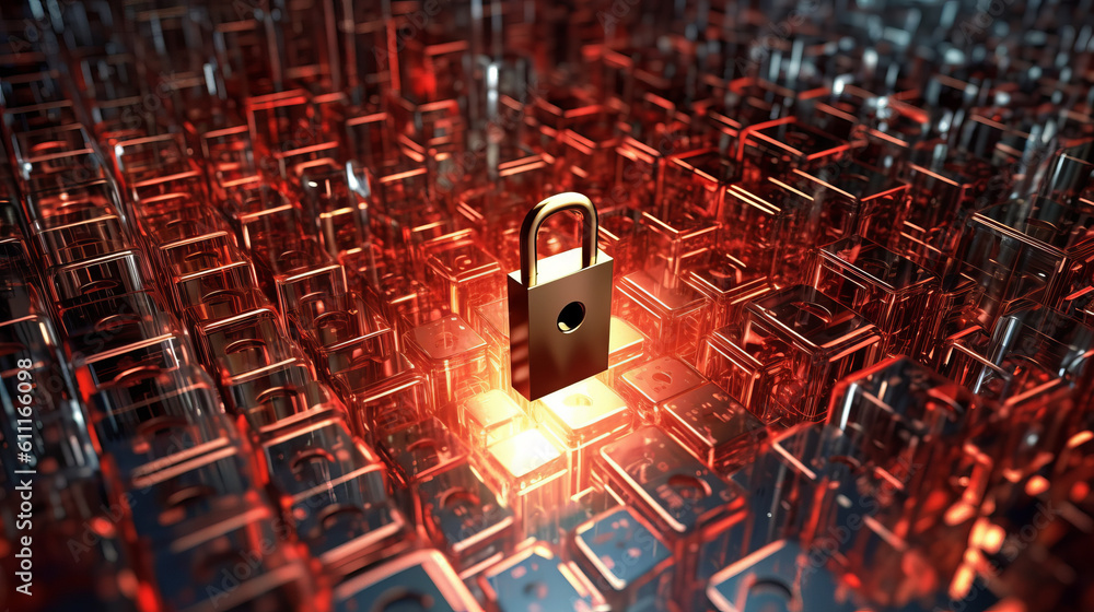Poster a padlock trapped in a maze of interconnected cubes. generative ai