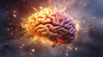 Naklejka na ściany i meble A digital brain bursting into particles and fragments. Generative ai