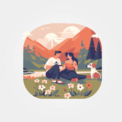 beautiful couple having a picnic in nature with their dog