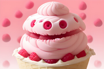 Raspberries ice cream with big fun eyes and smile, generative ai