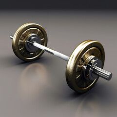 Obraz na płótnie Canvas Barbell bar and barbell plate on black background. Barbell in a dark grungy gym with gray color neon light. Gym concept. Realistic 3D illustration. Generative AI