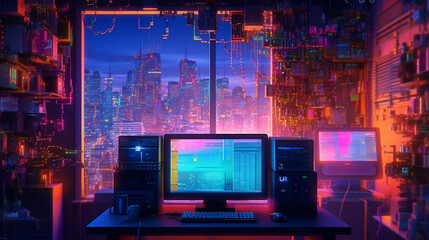A computer setup in front of a colorful view of the city, Generated AI