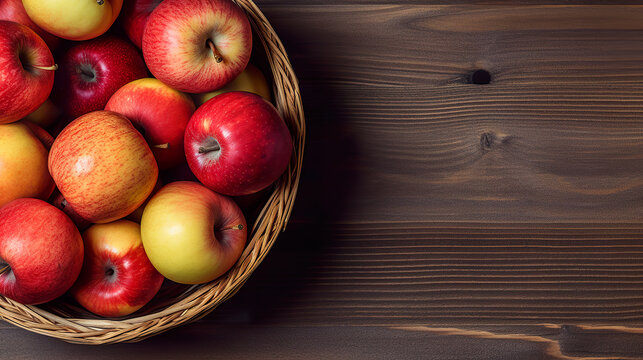 Fresh apples in the basket. A basket with a handle with apple on a wooden table on a light background. Red apples on old brown wooden table. Realistic 3D illustration. Generative AI