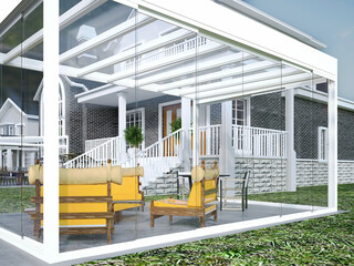 Pergola Sunroom, Winter Garden at outdoor patio, American House. 3d render