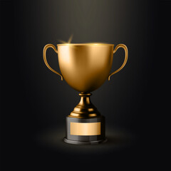 Vector 3d Realistic Blank Golden Champion Cup Icon Closeup on Black Background. Design Template of Championship Trophy. Sport Tournament Award, Gold Winner Cup and Victory Concept