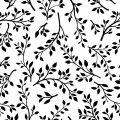 Vector Black and White Seamless Pattern with Tree Brunches. Flat Cartoon Twig with Floral Leaves. Spring, Summer Design - Leaves, Brunches, Plants, Herbs. Vector Illustration