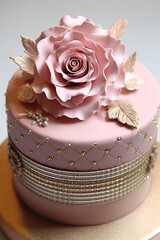 Fototapeta na wymiar Beautiful festive cake with a rose made of white chocolate on top. Overhead view of a freshly baked cake decorated with pink icing sugar roses displayed on a cake. Generative AI