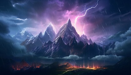 abstract landscape background with stormy clouds, vivid lightning, and imposing rocky mountains. Generative ai