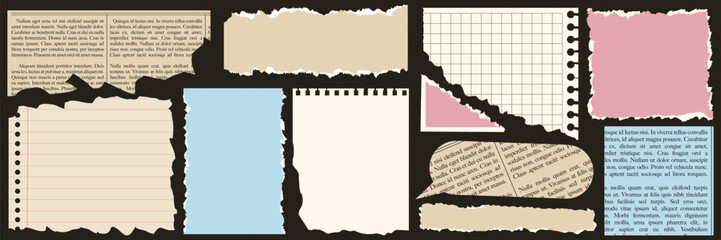 A set of torn paper, notebook sheets, old newspaper. Trendy elements for collage.  Vector contemporary illustration. - obrazy, fototapety, plakaty