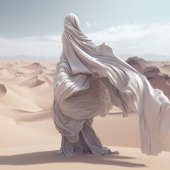White fabric fluttering like nomadic spirits in the Bedouin desert. Fabric that resembles a human figure in a beautiful desert landscape. Realistic 3D illustration. Generative AI