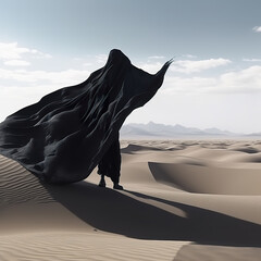 Black fabric fluttering like nomadic spirits in the Bedouin desert. Fabric that resembles a human figure in a beautiful desert landscape. Realistic 3D illustration. Generative AI