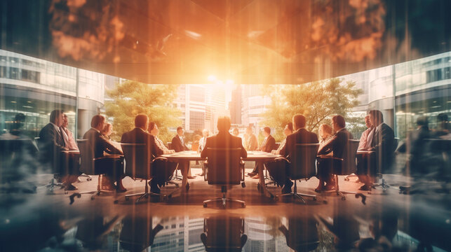 Double exposure image of many business people conference group meeting on city office building in background showing partnership success of business deal. Generative AI