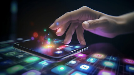 仮想画面上にカラフルなモバイルアプリを表示したスマートフォンを使用する男性、デジタルソフトウェア技術開発コンセプトGenerativeAI