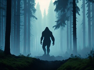 Silhouette of Bigfoot creature in the foggy woods. Generative AI - obrazy, fototapety, plakaty