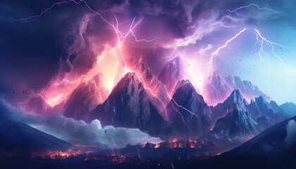 abstract landscape background with stormy clouds, vivid lightning, and imposing rocky mountains. Generative ai