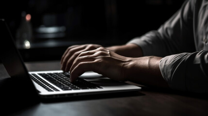 ノートパソコンのキーボードを打つビジネスマンの手, 情報検索, 暗いオフィスの机の上でネットサーフィン, 遠くの仕事, オンライン作業, ビジネスと技術の概念GenerativeAI
